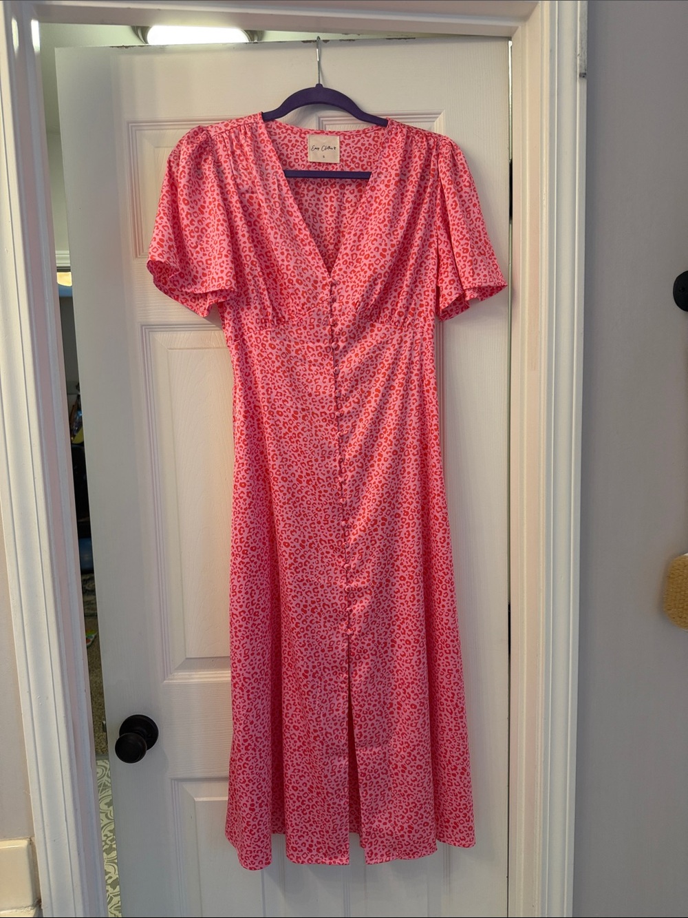 Easy Clothes Button-Front Pink Floral Midi Dress